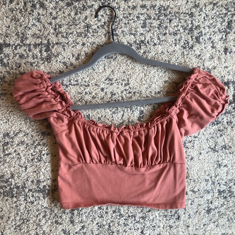 Pink off the shoulder ruffled crop top